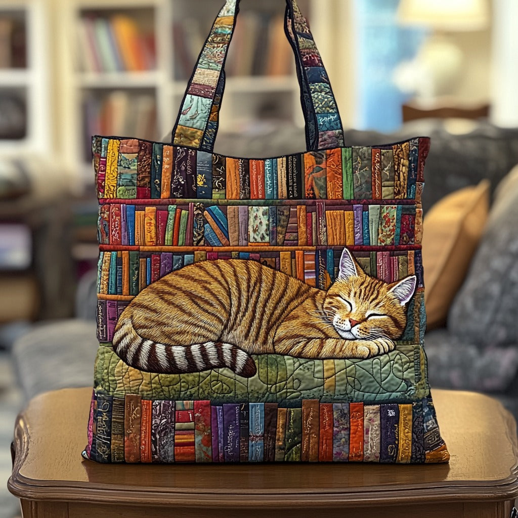 Bookish Cat Nap quilted tote bag – cat by bookshelves