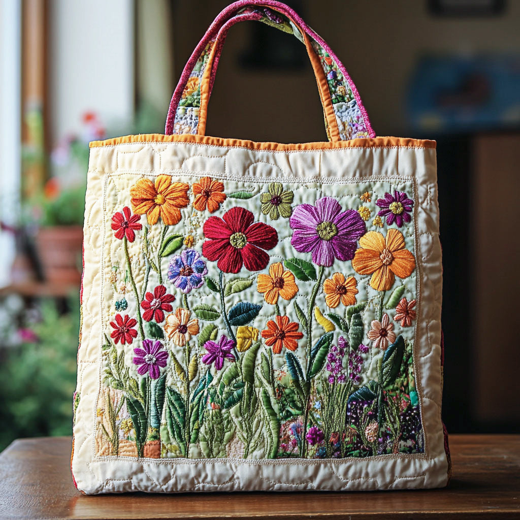 Poppy Daisy Border quilted tote bag – garden wildflowers