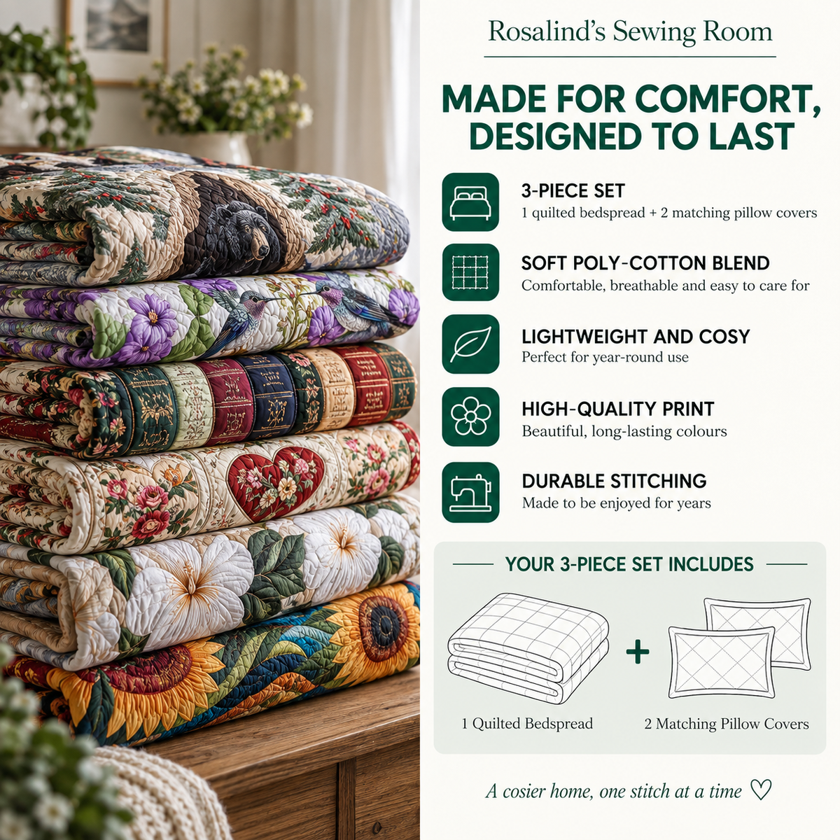 Rosalind's Sewing Room bed linen benefits and 3-piece set contents