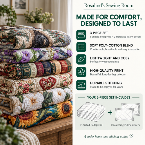 Rosalind's Sewing Room bed linen benefits and 3-piece set contents
