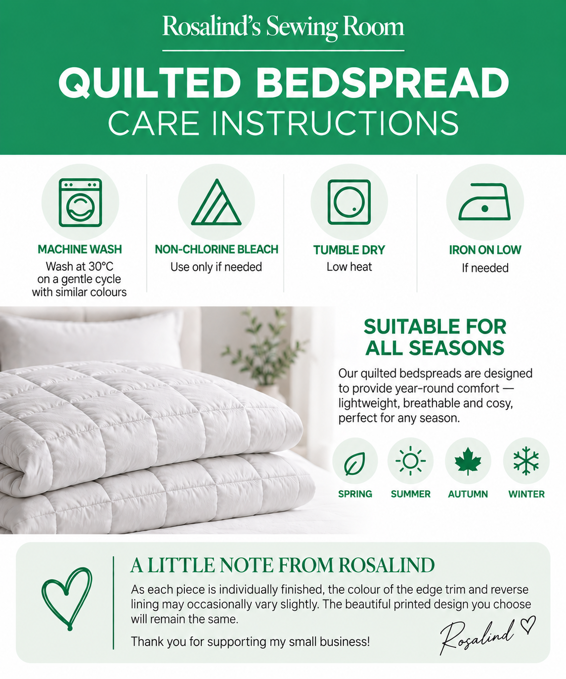 Rosalind's Sewing Room quilted bedspread care instructions