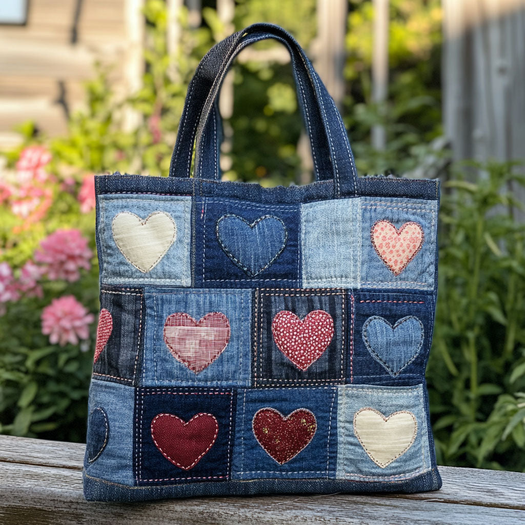 Denim Love quilted tote bag – faded denim hearts