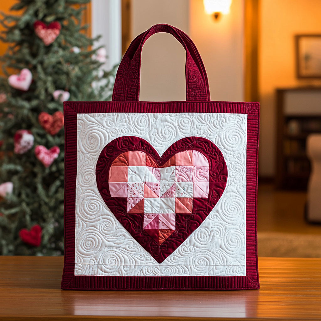 Pink Pixel Heart quilted tote bag – pixel patchwork heart