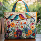 Bird Gathering quilted tote bag – birds above flowers