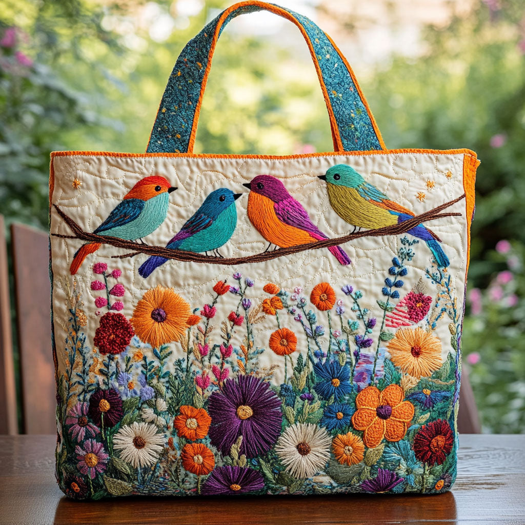 Bird Gathering quilted tote bag – birds above flowers