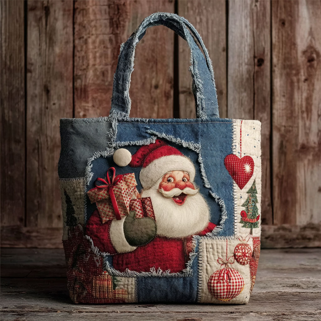 Rustic Santa quilted tote bag – santa on denim