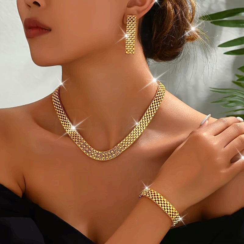 Gold-tone woven mesh necklace, bracelet and earrings set
