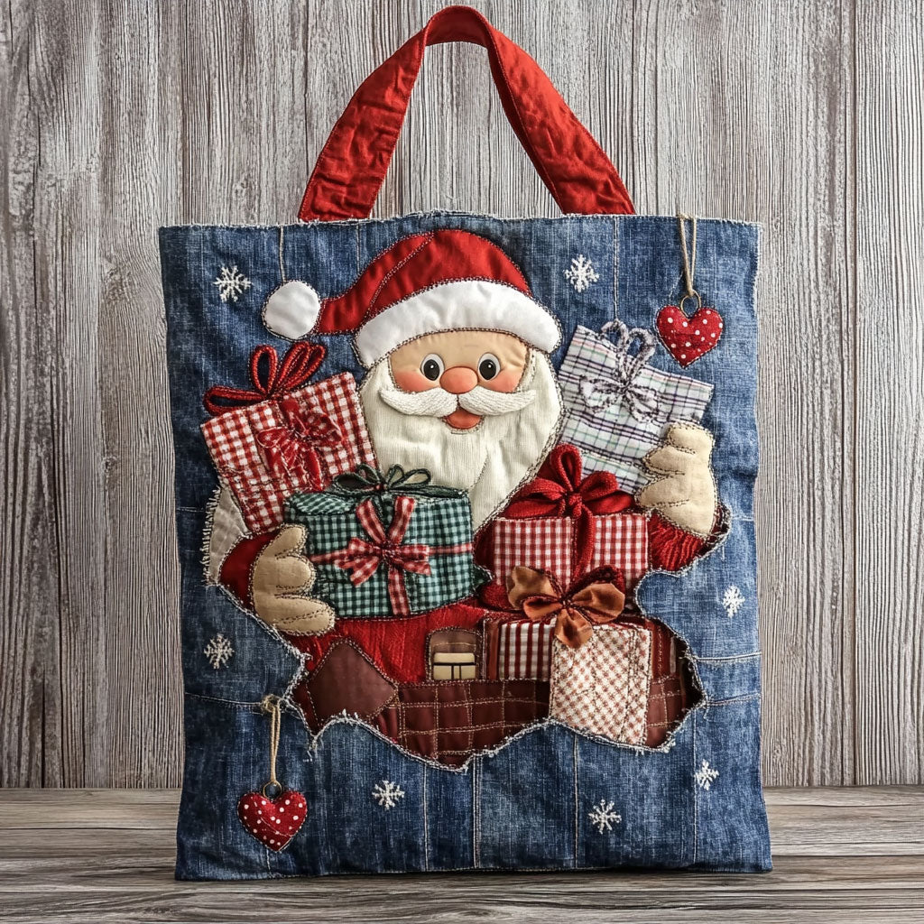 Handmade Santa quilted tote bag – santa with tartan gifts