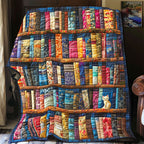 Rainbow Bookshelf quilted throw – rainbow-coloured books on shelves