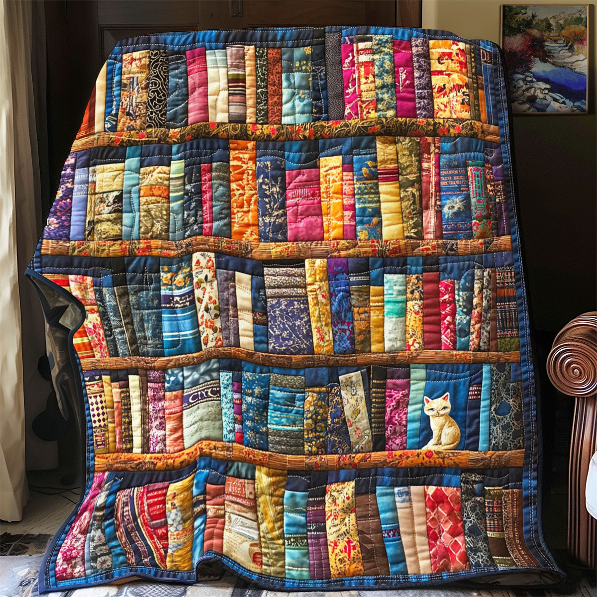 Rainbow Bookshelf quilted throw – rainbow-coloured books on shelves