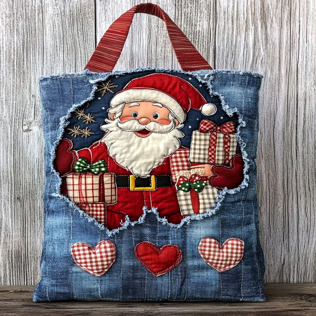Holiday Denim Santa quilted tote bag – santa with hearts