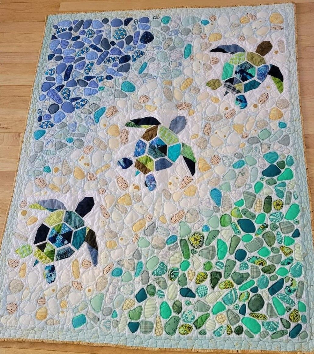Sea Glass Turtles quilted throw – mosaic turtles among sea glass pebbles