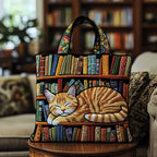 Cat Loves Books quilted tote bag – cat on bookshelf
