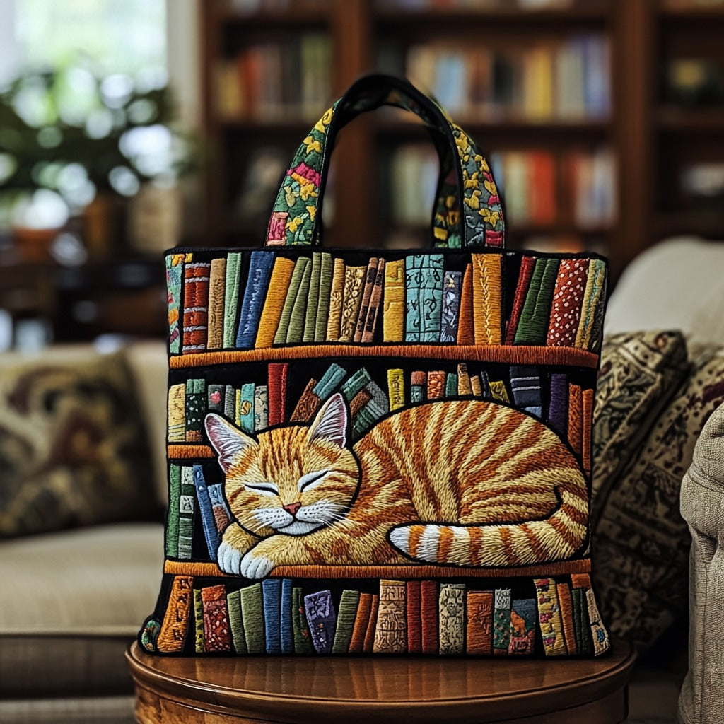Cat Loves Books quilted tote bag – cat on bookshelf