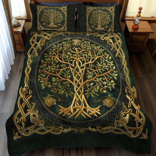 Celtic Heritage quilted bedspread set – golden tree of life in Celtic knotwork