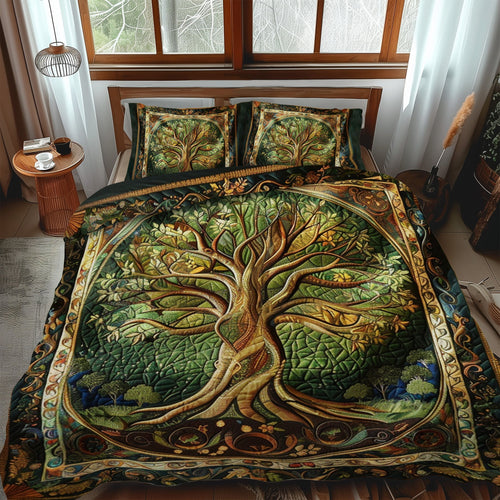 Ancient Oak quilted bedspread set – great green oak tree with spreading roots