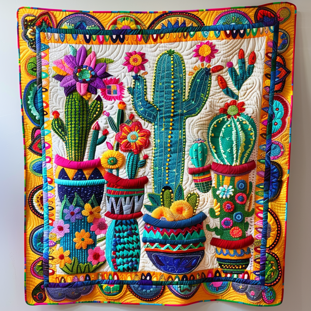 Potted Cactus Fiesta quilted throw – cacti in colourful pots with bright flowers
