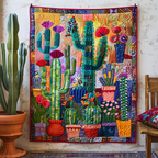 Cactus Garden quilted throw – patchwork cacti and bright blooms