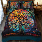 Mosaic Tree of Life quilted bedspread set – tree of life in an amber and teal mosaic circle