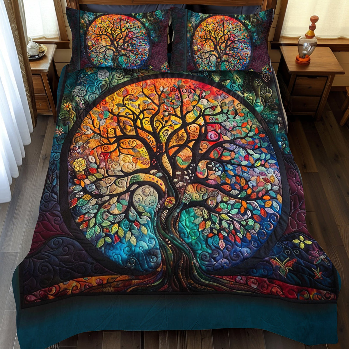 Mosaic Tree of Life quilted bedspread set – tree of life in an amber and teal mosaic circle