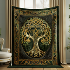 Golden Celtic Tree quilted throw – golden Celtic tree of life on black-green