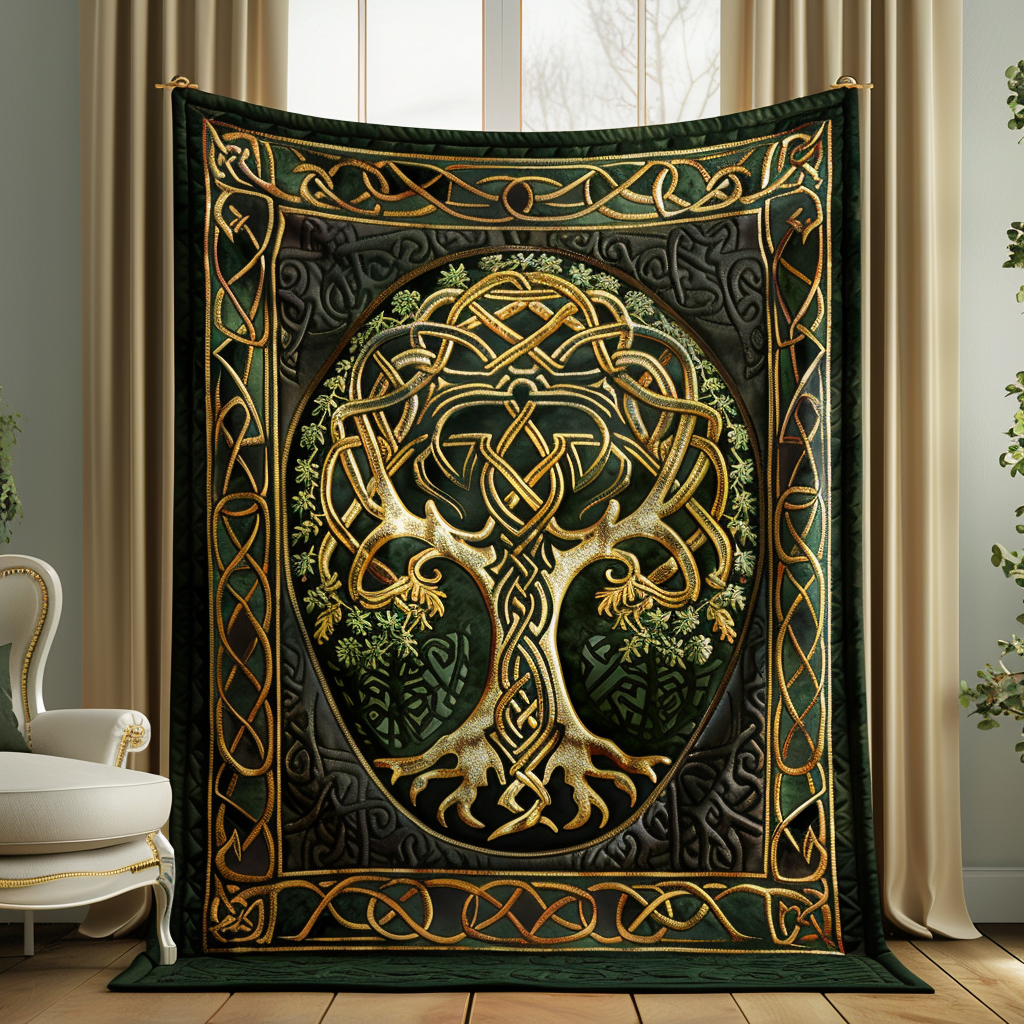Golden Celtic Tree quilted throw – golden Celtic tree of life on black-green