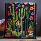 Blooming Cactus quilted throw – flowering cacti on deep navy