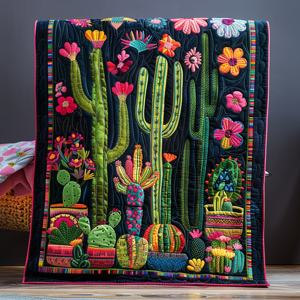 Blooming Cactus quilted throw – flowering cacti on deep navy