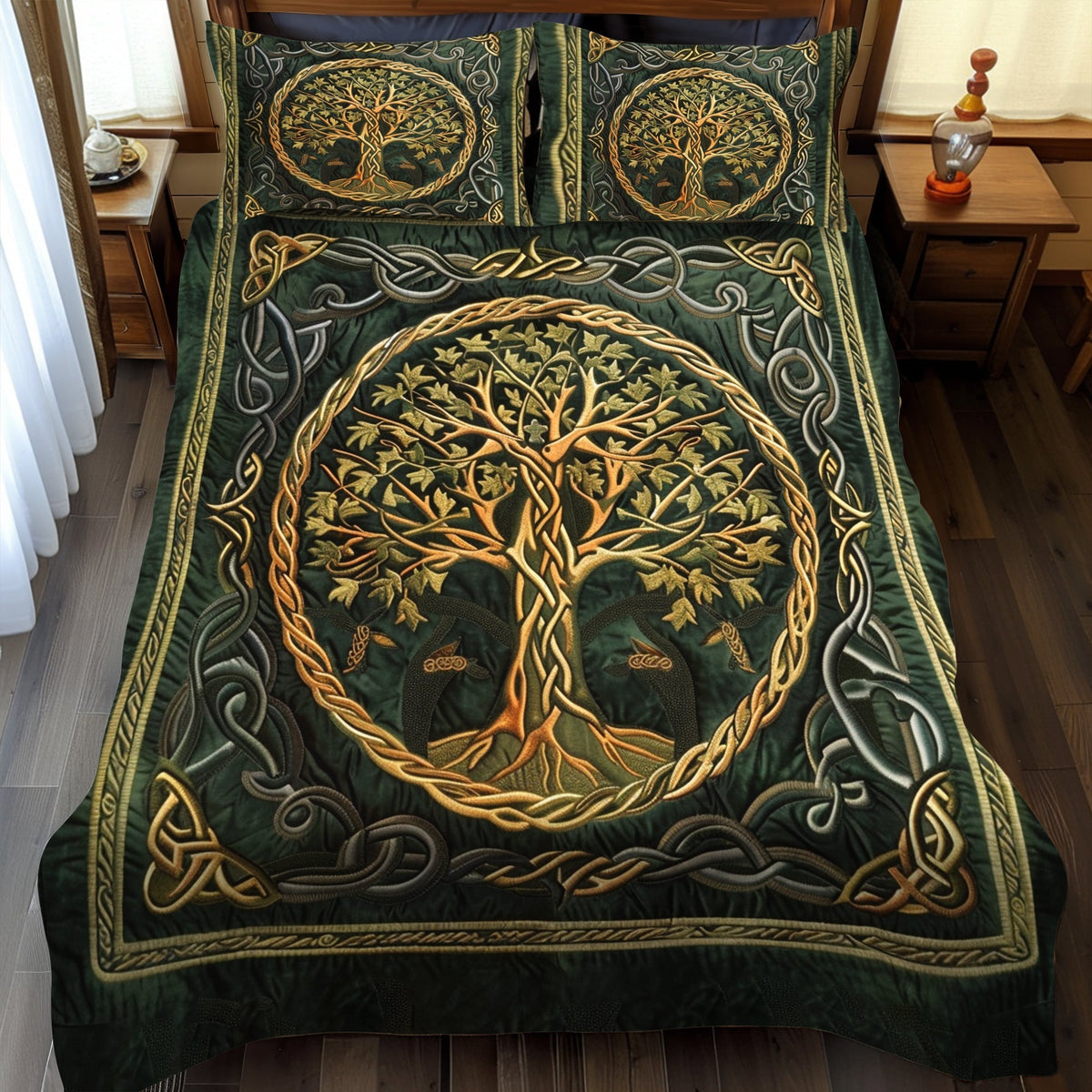 Golden Celtic Tree quilted bedspread set – golden tree of life on forest green