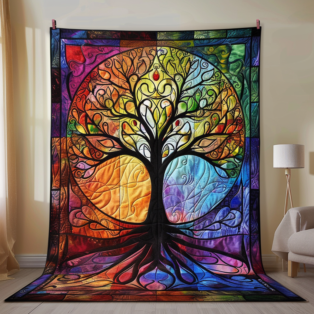 Stained Glass Tree of Life quilted throw – tree of life in stained glass colour
