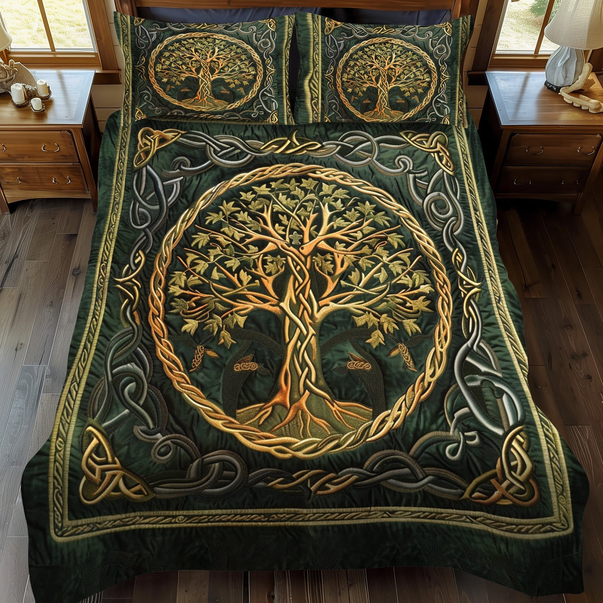 3-Piece Quilted Bedspread Set - Golden Celtic Tree – view 2