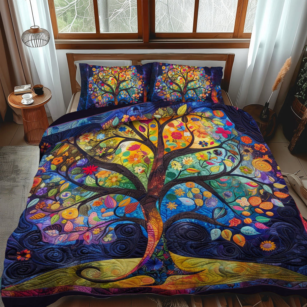 Jewelled Tree of Life quilted bedspread set – jewel-coloured tree of life on blue and purple