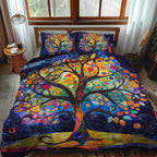 Jewelled Tree of Life quilted bedspread set – jewel-coloured tree of life on blue and purple
