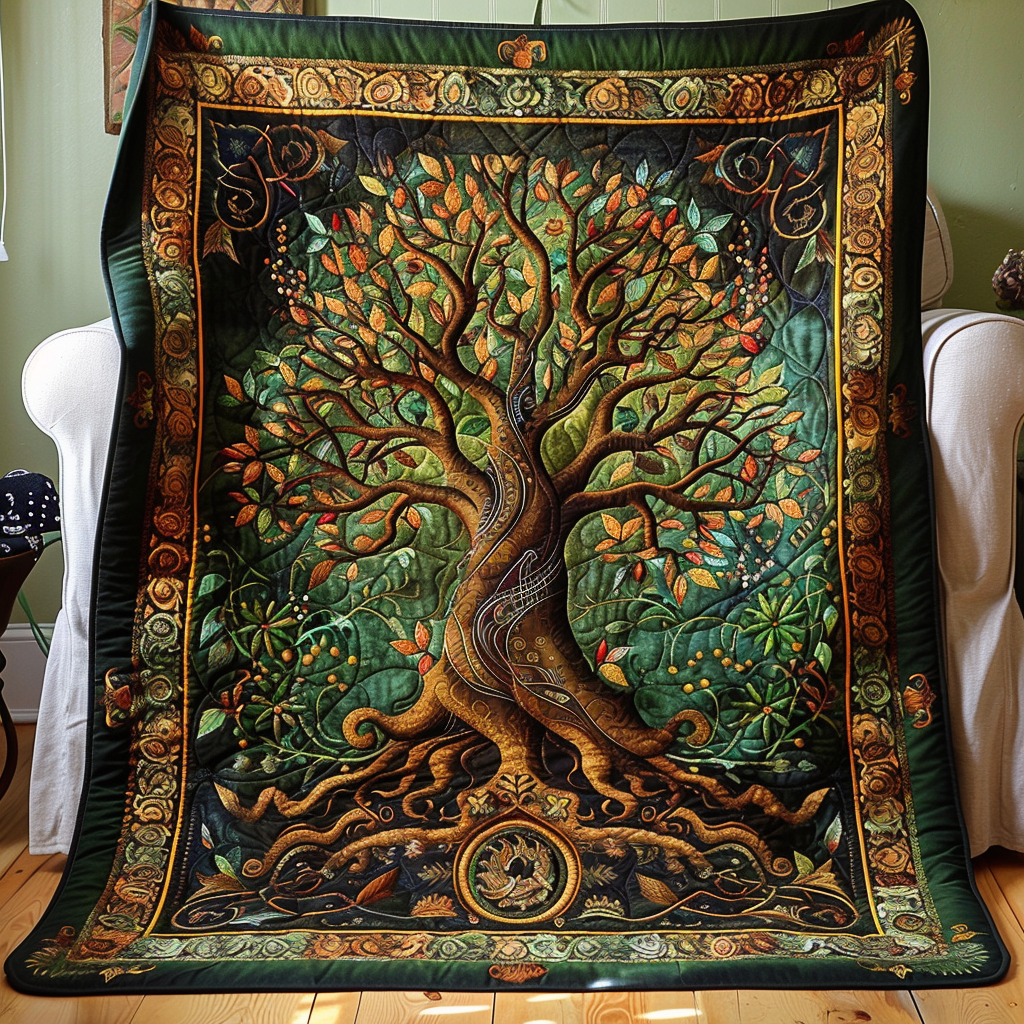 Celtic Knot Tree quilted throw – golden tree of life with Celtic roots on teal
