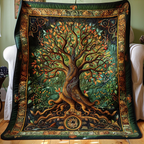 Celtic Knot Tree quilted throw – golden tree of life with Celtic roots on teal