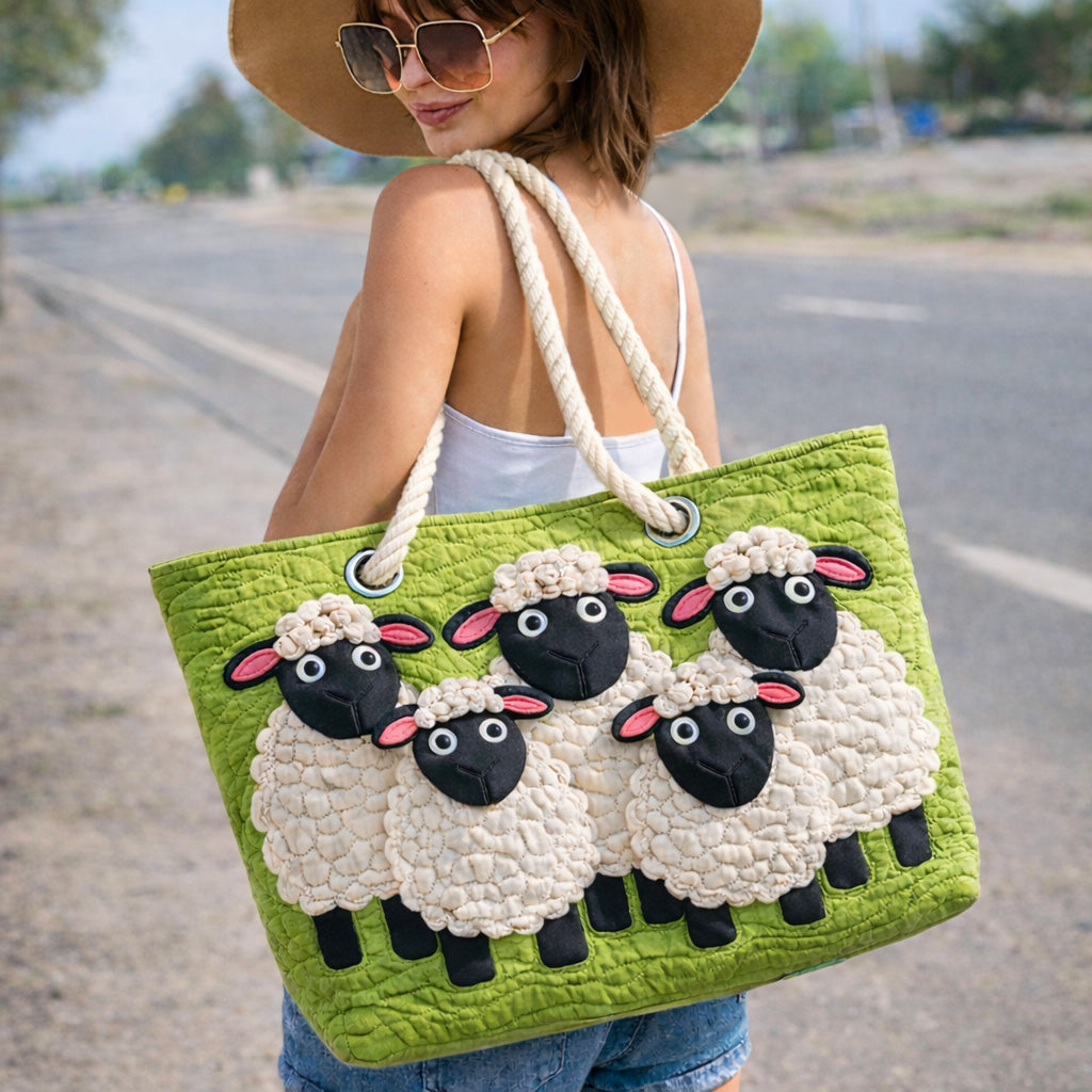 Woman carrying the Sky of Sheep quilted beach bag along the shore