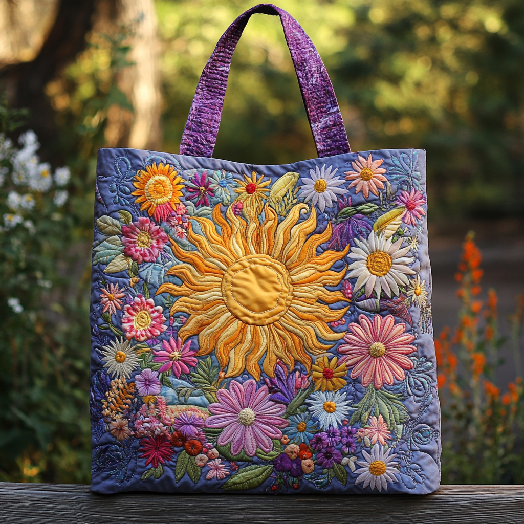 Sunshine Flowers quilted tote bag – sun over flowers