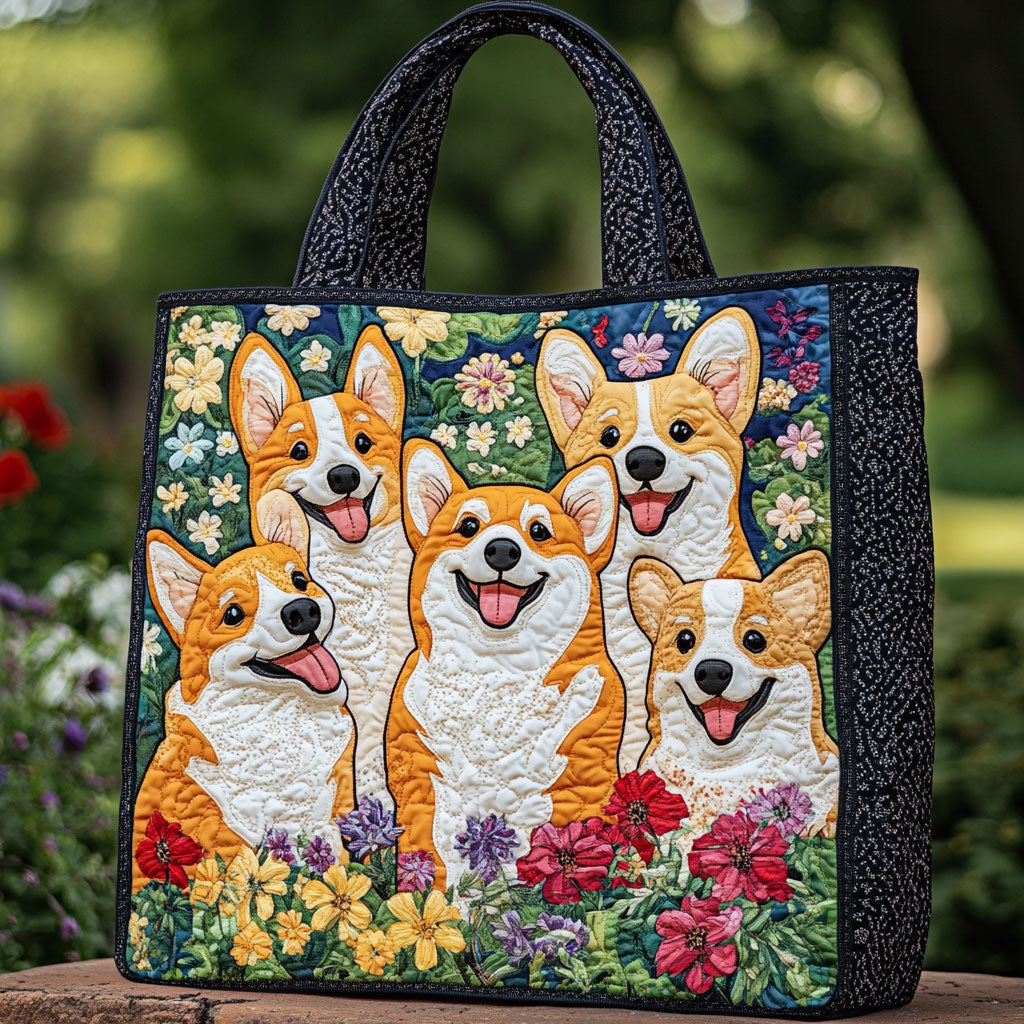 Blooming Corgis quilted tote bag – corgis in flowers