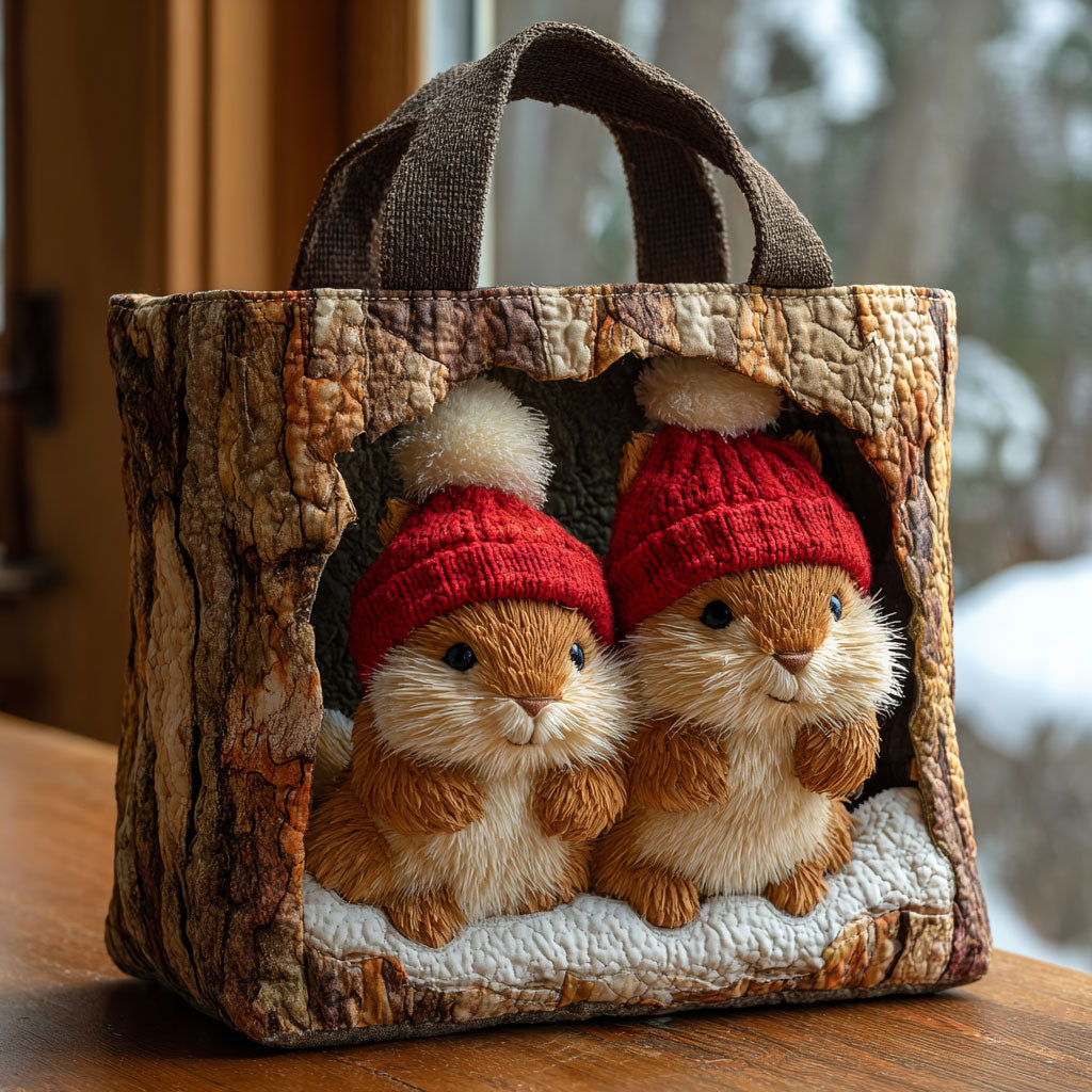 Snuggle Nest Squirrels quilted tote bag – squirrels in hollow