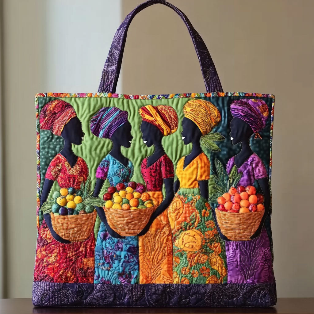 Market Day Sisters quilted tote bag – women with fruit baskets