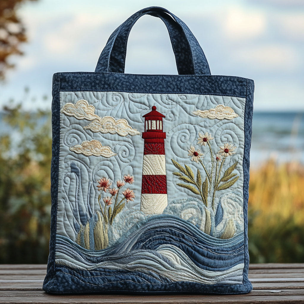Lighthouse Serenity quilted tote bag – lighthouse and grasses