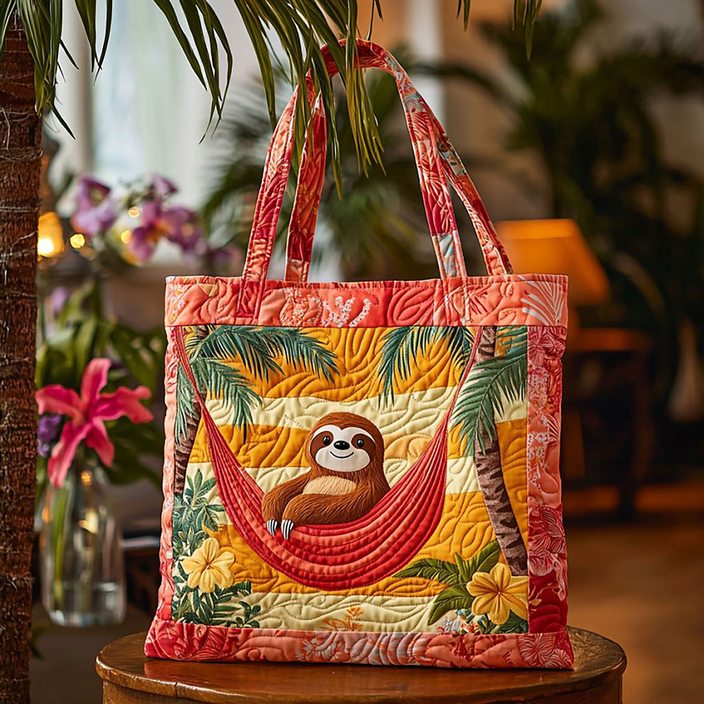 Lazy Sloth Beach quilted tote bag – sloth on beach