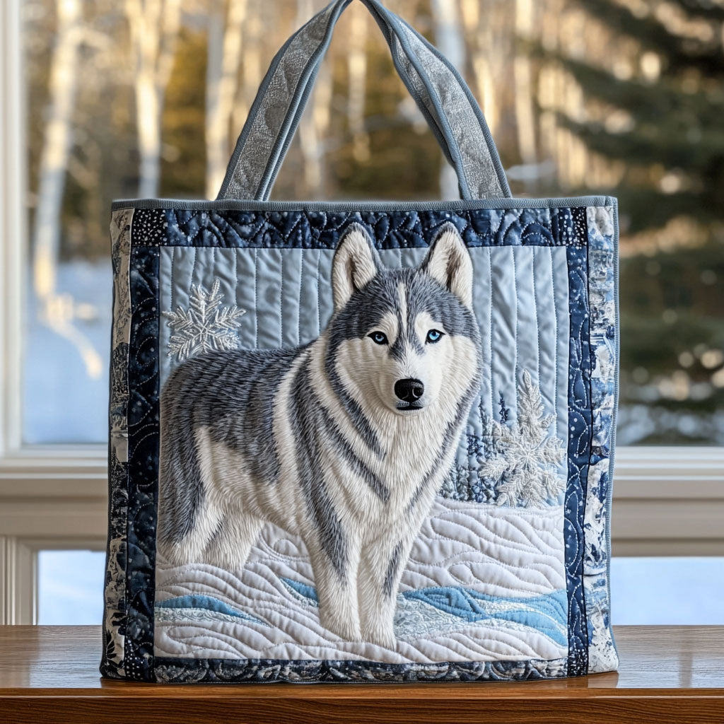 Nordic Whisper Husky quilted tote bag – husky in snow