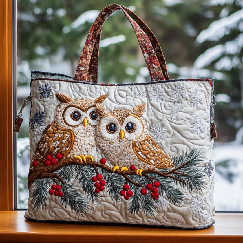 Pure Winter Owls quilted tote bag – owls on pine branch