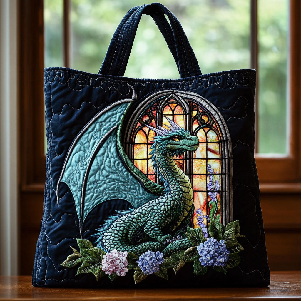 Enchanted Window Dragon quilted tote bag – dragon by stained glass
