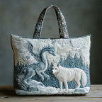 Frost Guardian Wolf quilted tote bag – white wolf and dragon