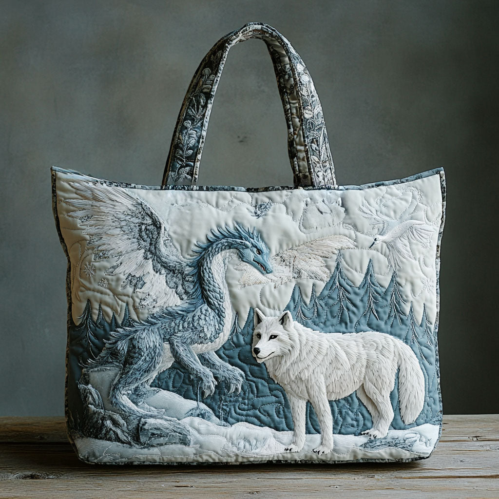 Frost Guardian Wolf quilted tote bag – white wolf and dragon