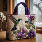 Purple Hummingbirds quilted tote bag – hummingbirds and pansies