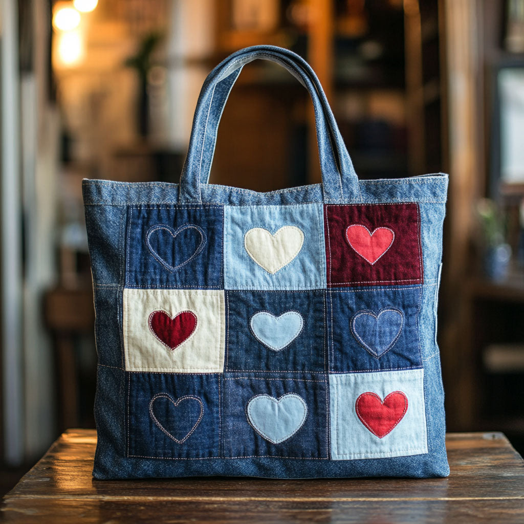 Denim Heart Charm quilted tote bag – denim hearts