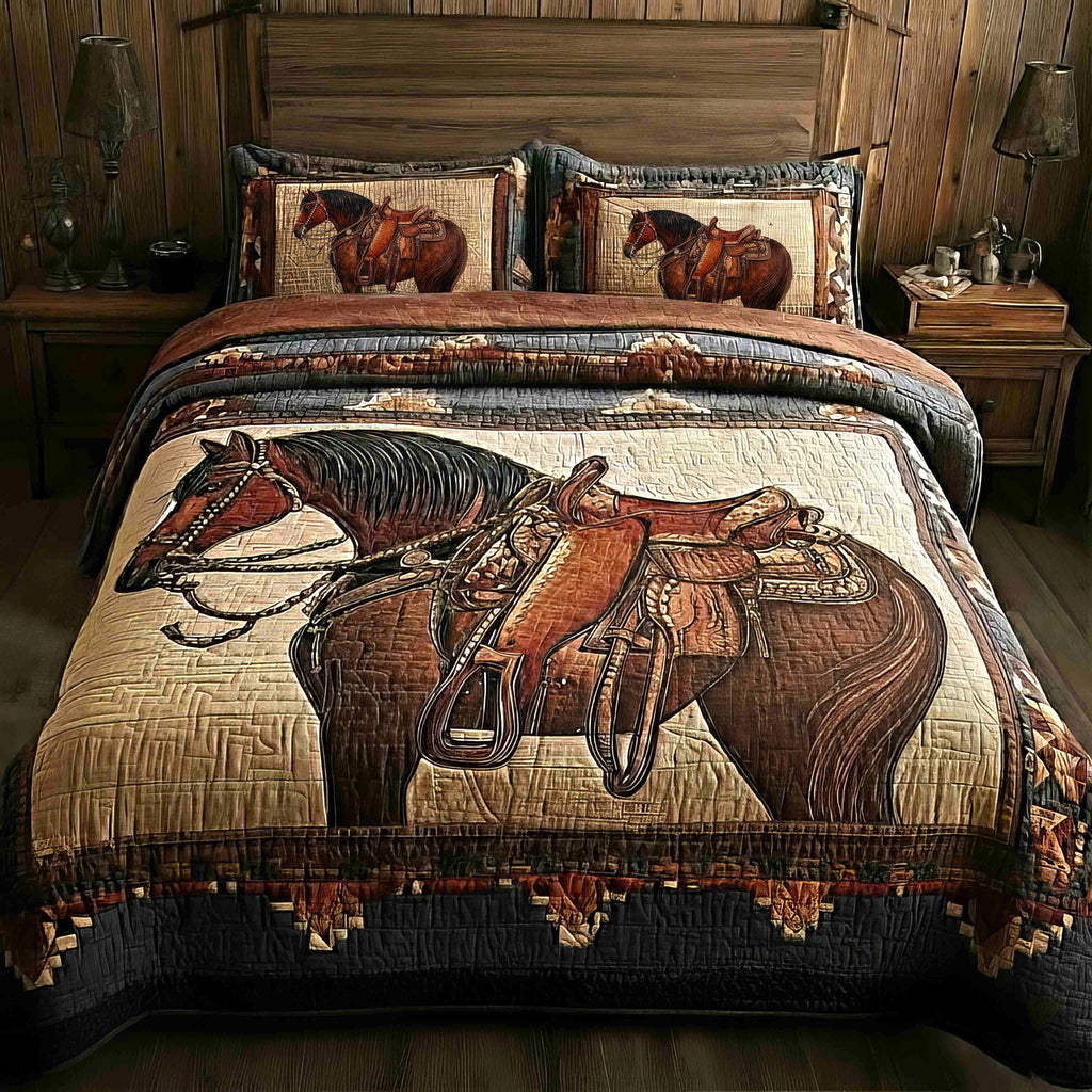 Quilted bedspread set with galloping horses with streaming manes against open grassland, the Galloping Horses design